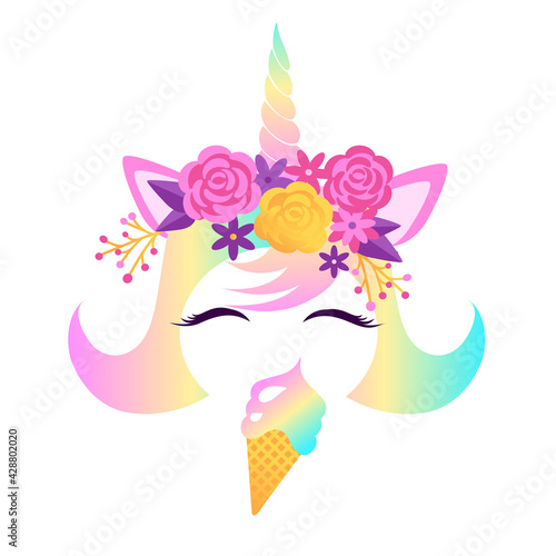 The face of a unicorn with closed eyes and a wreath of flowers and an ice cream cone. Vector illustration isolated on white background. Vector illustration isolated on white background.