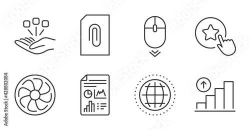 Fan engine, Loyalty star and Scroll down line icons set. Graph chart, Report document and Globe signs. Consolidation, Attachment symbols. Ventilator, Bonus reward, Mouse swipe. Vector