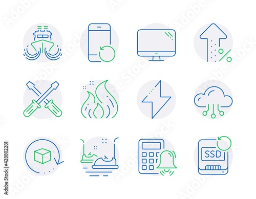 Technology icons set. Included icon as Computer, Ship, Return package signs. Calculator alarm, Cloud computing, Increasing percent symbols. Energy, Screwdriverl, Recovery phone line icons. Vector