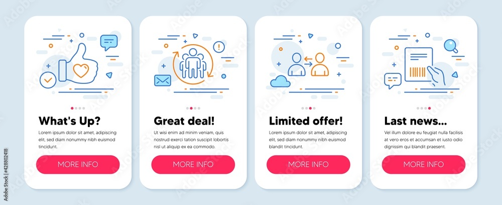 Set of People icons, such as Teamwork, Communication, Like hand symbols. Mobile screen app banners. Parcel invoice line icons. Employees change, Users talking, Thumbs up. Delivery document. Vector