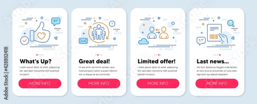 Set of People icons, such as Teamwork, Communication, Like hand symbols. Mobile screen app banners. Parcel invoice line icons. Employees change, Users talking, Thumbs up. Delivery document. Vector