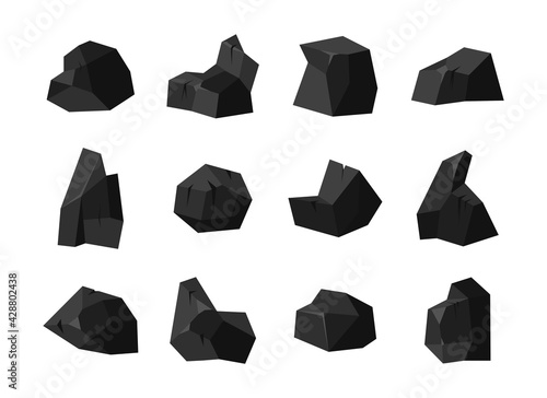 A set of pieces of fossil stone black coal of various shapes with different illumination of the surface. Charcoal isolated on white background. Vector illustration