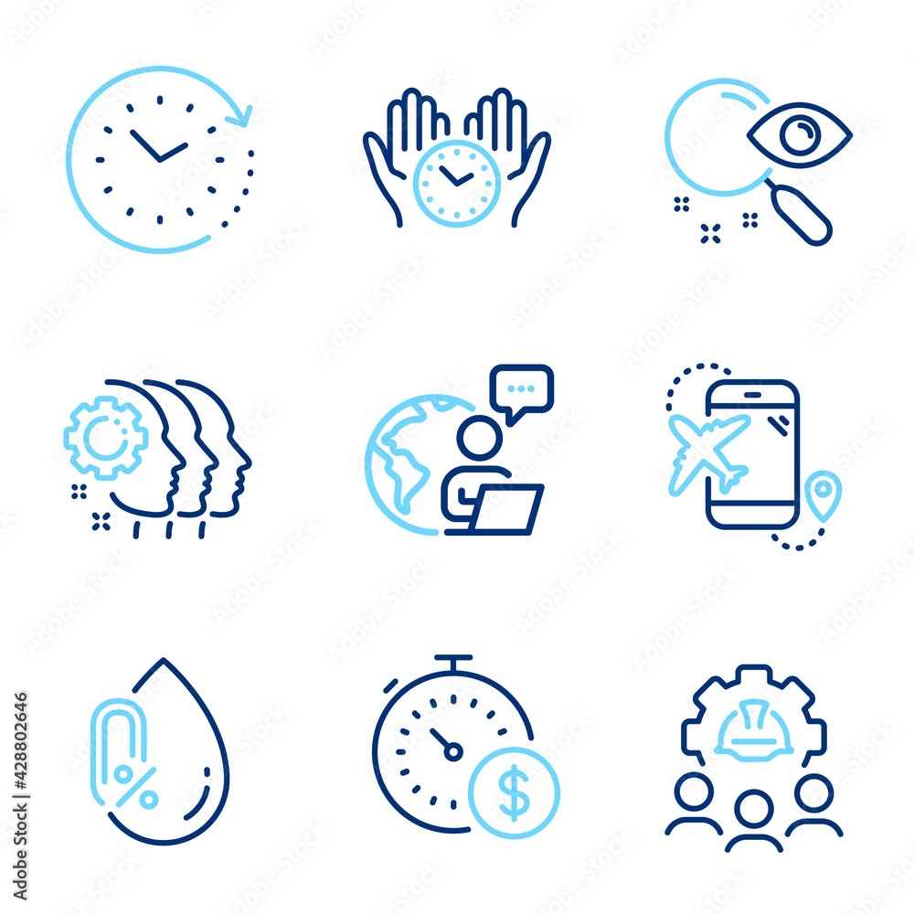 Business icons set. Included icon as Search, Engineering team, No alcohol signs. Employees teamwork, Last minute, Flight destination symbols. Safe time, Time change line icons. Line icons set. Vector Business icons set. Included icon as Search, Engineering team, No alcohol signs. Employees teamwork, Last minute, Flight destination symbols. Safe time, Time change line icons. Line icons set. Vector