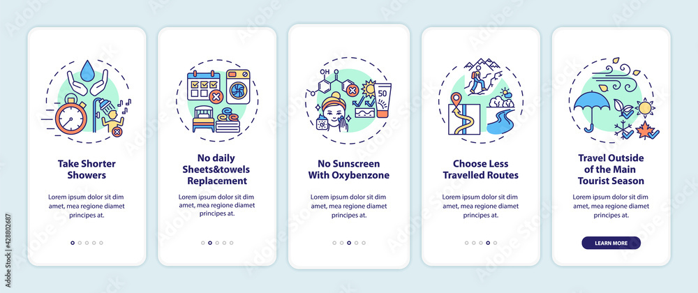 Sustainable tourism ideas onboarding mobile app page screen with concepts. Take shorter showers walkthrough 5 steps graphic instructions. UI, UX, GUI vector template with linear color illustrations
