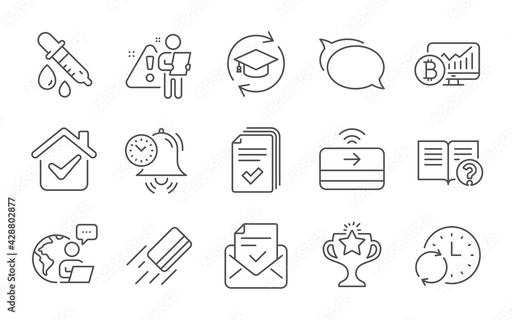 Fototapeta premium Talk bubble, Victory and Time management line icons set. Contactless payment, Continuing education and Credit card signs. Chemistry pipette, Update time and Approved mail symbols. Vector