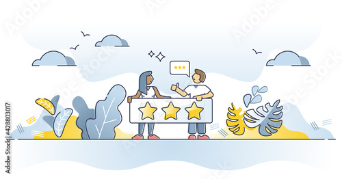 Feedback as product or service evaluation with stars rating outline concept. Business customer comments and consumer quality opinion vector illustration. Experience satisfaction and choice judgment.