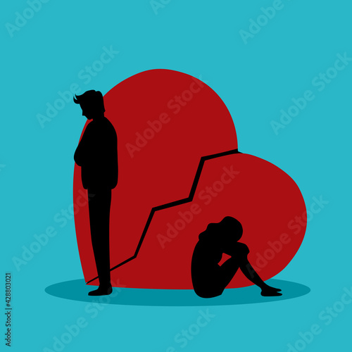 Broken heart concept vector illustration. Sad man and woman with red broken heart  in flat design. Bad Valentine’s Day. Breakup or divorced couple.	