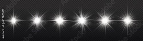 Star burst with light, white sun rays. 