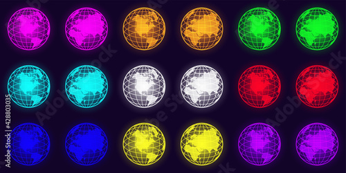 3d set of bright glowing colored contour hemispheres of the planet Earth on a dark background