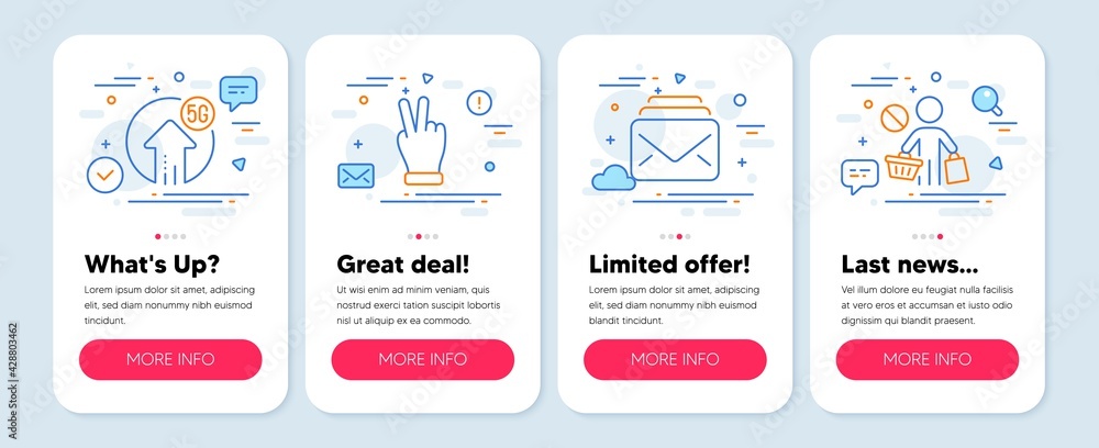Set of Business icons, such as Mail, Victory hand, 5g upload symbols. Mobile screen app banners. Stop shopping line icons. New messages, Gesture palm, Fast wifi. No buying. Mail icons. Vector