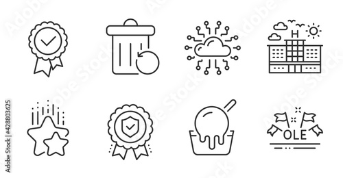 Ice cream, Cloud network and Recovery trash line icons set. Insurance medal, Hotel and Ole chant signs. Ranking stars, Tested stamp symbols. Sundae cup, Online storage, Backup file. Vector