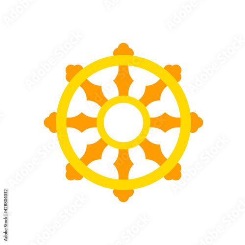 Buddhist dharma wheel yellow icon. Clipart image isolated on white background