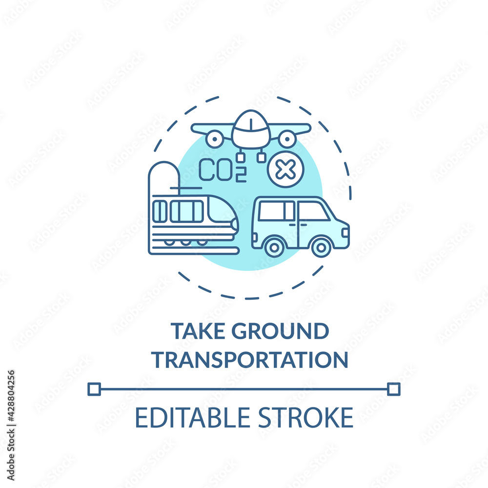 Take ground transportation concept icon. Sustainable tour tips. Spending more time travel by bus or automobile idea thin line illustration. Vector isolated outline RGB color drawing. Editable stroke Take ground transportation concept icon. Sustainable tour tips. Spending more time travel by bus or automobile idea thin line illustration. Vector isolated outline RGB color drawing. Editable stroke