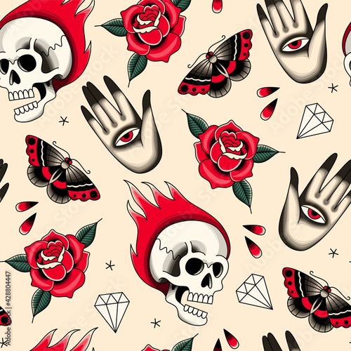 Old school tattoo elements vector seamless pattern