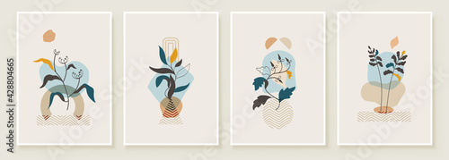 Abstract Botanical Organic Art Illustration. Set of soft color painting wall art for house decoration. Minimalistic canvas background design. Vector wall art plants in boho style.