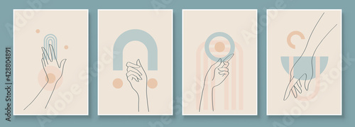 Modern Abstract Art Illustration with Woman Hands. Set of aesthetic organic art in one line style for house decoration. Minimalistic canvas background design. Vector wall art shapes in boho style.