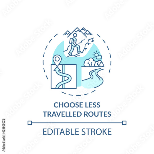 Choose less travelled routes concept icon. Sustainable tourism ideas. Special travelling route for tourist idea thin line illustration. Vector isolated outline RGB color drawing. Editable stroke