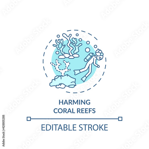 Fototapeta Naklejka Na Ścianę i Meble -  Harming coral reefs concept icon. Green tourism challenges. Diver easily destroy under ocean natural surrounding idea thin line illustration. Vector isolated outline RGB color drawing. Editable stroke