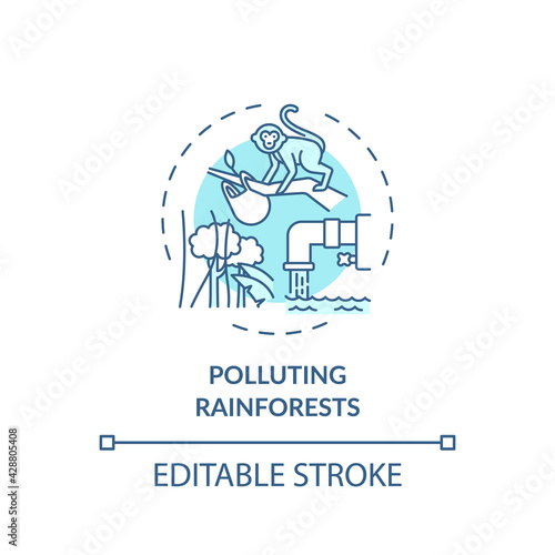 Polluting rainforests concept icon. Green tourism challenges. People decreasing amount of tree forests idea thin line illustration. Vector isolated outline RGB color drawing. Editable stroke