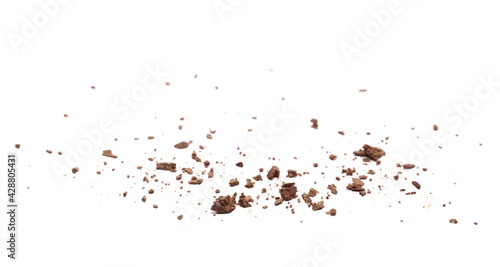 Chocolate crumbs pile isolated on white background