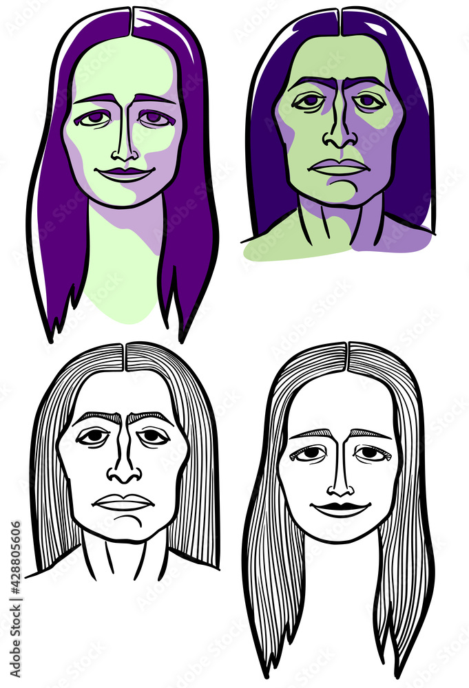Native American male and female faces. Two options: black and white line graphics and color in the style of Suprematism. Native American male and female faces. Two options: black and white line graphics and color in the style of Suprematism.