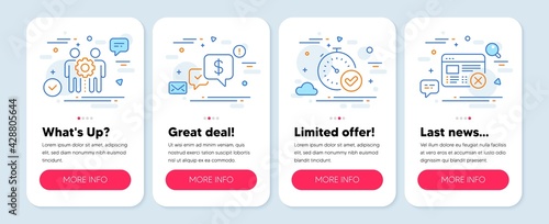 Set of Technology icons, such as Payment received, Fast verification , Employees teamwork symbols. Mobile app mockup banners. Reject web line icons. Money, Timer, Collaboration. No internet. Vector