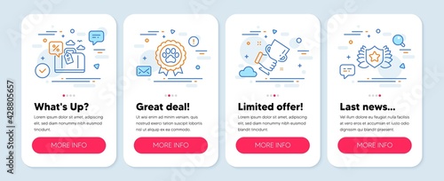 Set of Business icons, such as Travel loan, Dog competition, Winner cup symbols. Mobile app mockup banners. Laureate line icons. Trip discount, Winner award, Best trophy. Award shield. Vector