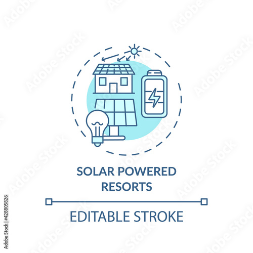 Solar powered resorts concept icon. Best sustainable tourism practices. Using eco energy to power up devices idea thin line illustration. Vector isolated outline RGB color drawing. Editable stroke
