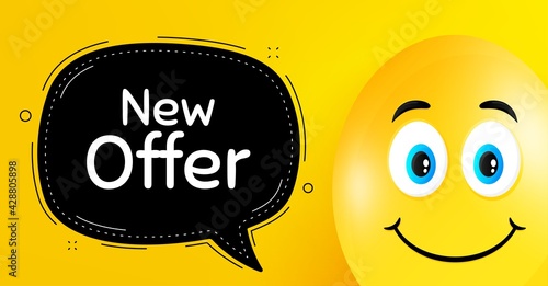 New offer. Easter egg with smile face. Special price sign. Advertising Discounts symbol. Easter smile character. New offer black speech bubble. Yellow egg background. Vector
