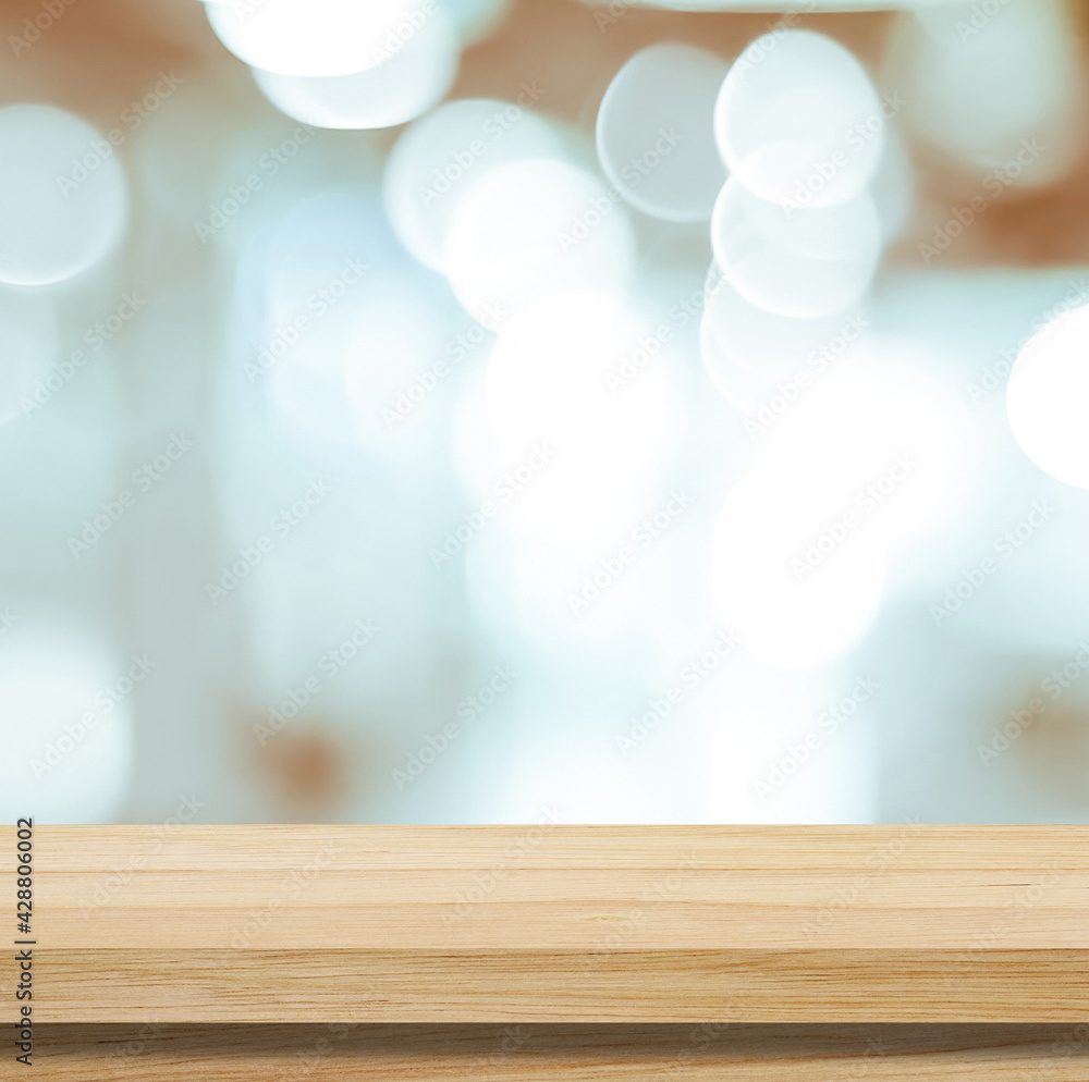 Table and blur background, Wooden counter over blur bokeh light background, Brown wood table top, shelf for food and retail shop, store product display backdrop, banner, mockup, template Table and blur background, Wooden counter over blur bokeh light background, Brown wood table top, shelf for food and retail shop, store product display backdrop, banner, mockup, template