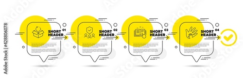 Return package, Security agency and Technical documentation line icons set. Timeline infograph speech bubble. Social responsibility sign. Exchange goods, Body guard, Manual. Hand. Business set. Vector