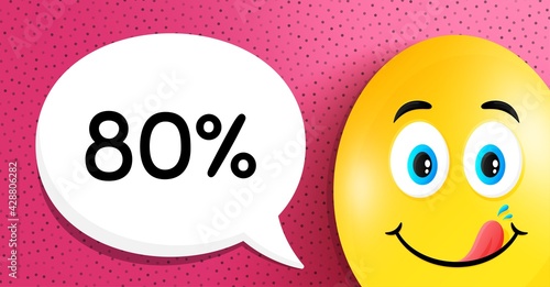 80 percent off Sale. Easter egg with yummy smile face. Discount offer price sign. Special offer symbol. Easter smile character. Discount speech bubble. Yummy egg background. Vector