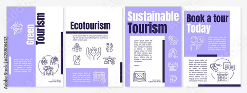 Green tourism brochure template. Ecotourism journeys. Flyer, booklet, leaflet print, cover design with linear icons. Vector layouts for presentation, annual reports, advertisement pages