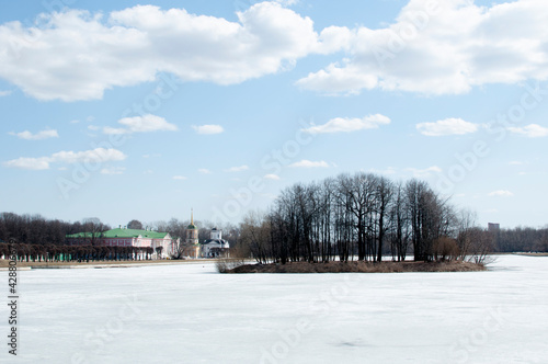 Panorama, view of the palace complex and the island on the lake. April 10, 2021, Kuskovo Estate, Moscow
