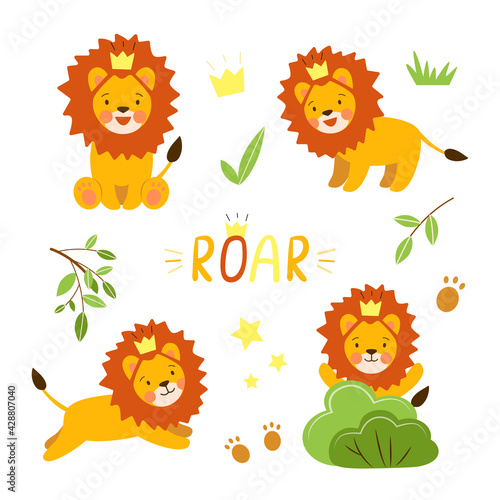 Vector set of little cute lion cubs playing in the forest with roar text. Kawaii african wild animals on stickers collection for kids. Isolated white background