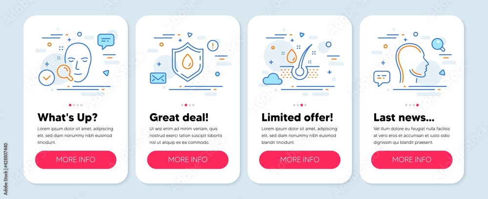 Set of Healthcare icons, such as Blood donation, Face search, Serum oil symbols. Mobile app mockup banners. Head line icons. Medicine analyze, Find user, Healthy hairs. Human profile. Vector