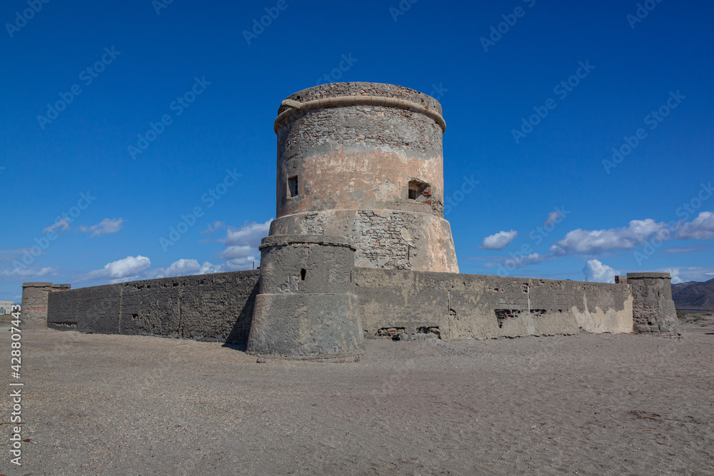 San Miguel watchtower is an old fortress has been built near the Nijar, Cabo de Gata on the Mediterranean coast at the XVIII th century, Andalucia, Spain