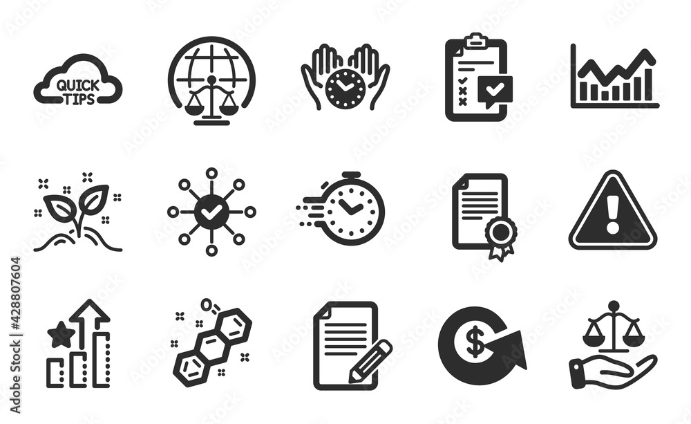 Certificate, Safe time and Quick tips icons simple set. Dollar exchange, Infochart and Survey check signs. Magistrates court, Checklist and Article symbols. Flat icons set. Vector Certificate, Safe time and Quick tips icons simple set. Dollar exchange, Infochart and Survey check signs. Magistrates court, Checklist and Article symbols. Flat icons set. Vector