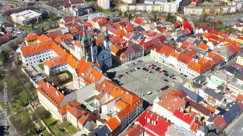 Aerial view to historic center of Klatovy town. Medieval city from 13th century. It has about 22,000 inhabitants. Amazing tourist destination near National park Sumava. Czech Republic, Central Europe. photo