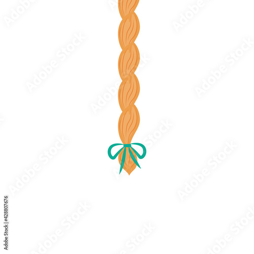 Fashion french hair braid with green bow a flat vector isolated illustration.