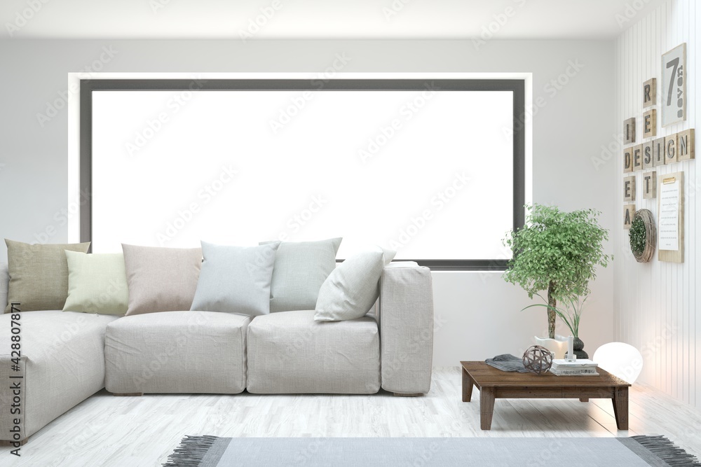 White living room with sofa. Scandinavian interior design. 3D illustration White living room with sofa. Scandinavian interior design. 3D illustration