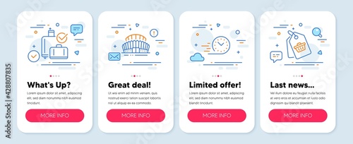 Set of Business icons, such as Sports stadium, Fast delivery, Baggage reclaim symbols. Mobile screen app banners. Sale tag line icons. Championship arena, Stopwatch, Check in bag. Vector