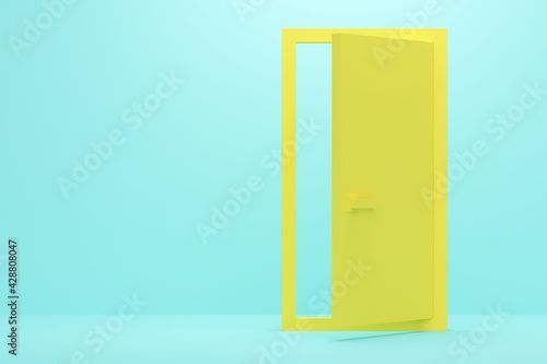 Blue studio background with yellow door. 3d rendering
