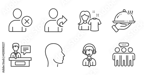 Shipping support, Delete user and Restaurant food line icons set. Head, Employees group and Exhibitors signs. Refer friend, Clean shirt symbols. Quality line icons. Shipping support badge. Vector