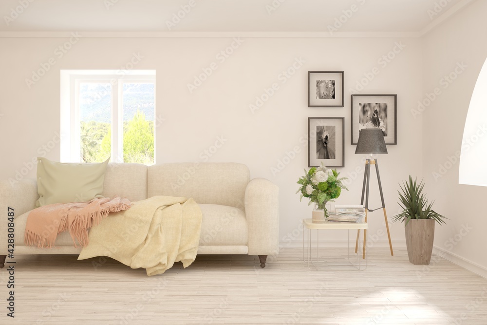 Obraz premium Soft color living room with sofa. Scandinavian interior design. 3D illustration