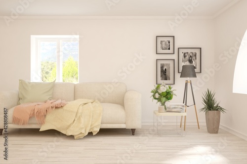 Soft color living room with sofa. Scandinavian interior design. 3D illustration