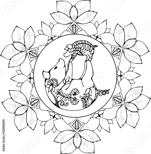 Cute pigs are doing pair yoga. Pig with a baby in the ornament. Flower mandala.