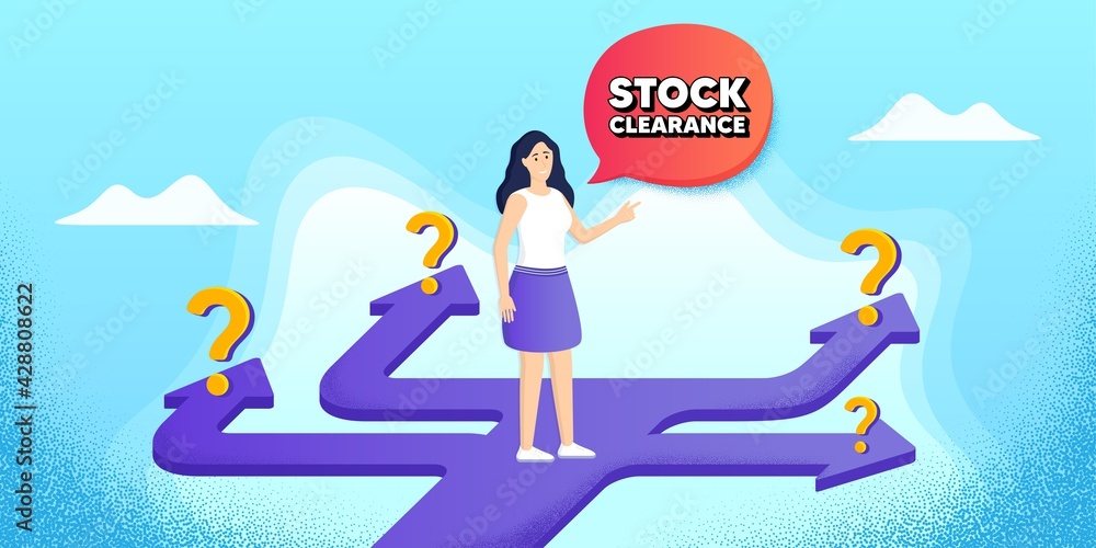 Stock clearance sale symbol. Future path choice. Search career strategy path. Special offer price sign. Advertising discounts symbol. Directions with question marks. Stock clearance banner. Vector