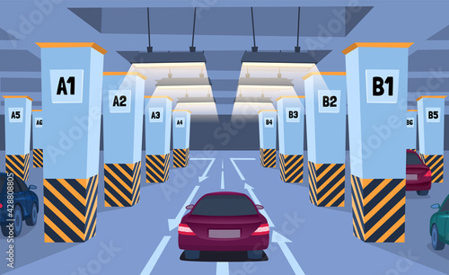 Cartoon Color Underground Car Parking Inside Concept. Vector