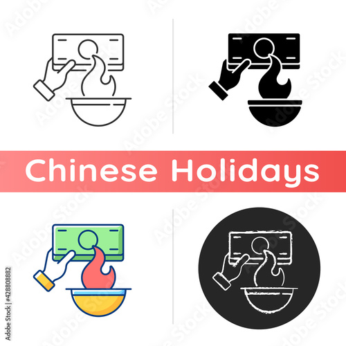 Burning money icon. Hungry ghost festival. Zhongyuanjie. Chinese culture. Visiting ancestors. Spirits coming out from realm. Linear black and RGB color styles. Isolated vector illustrations